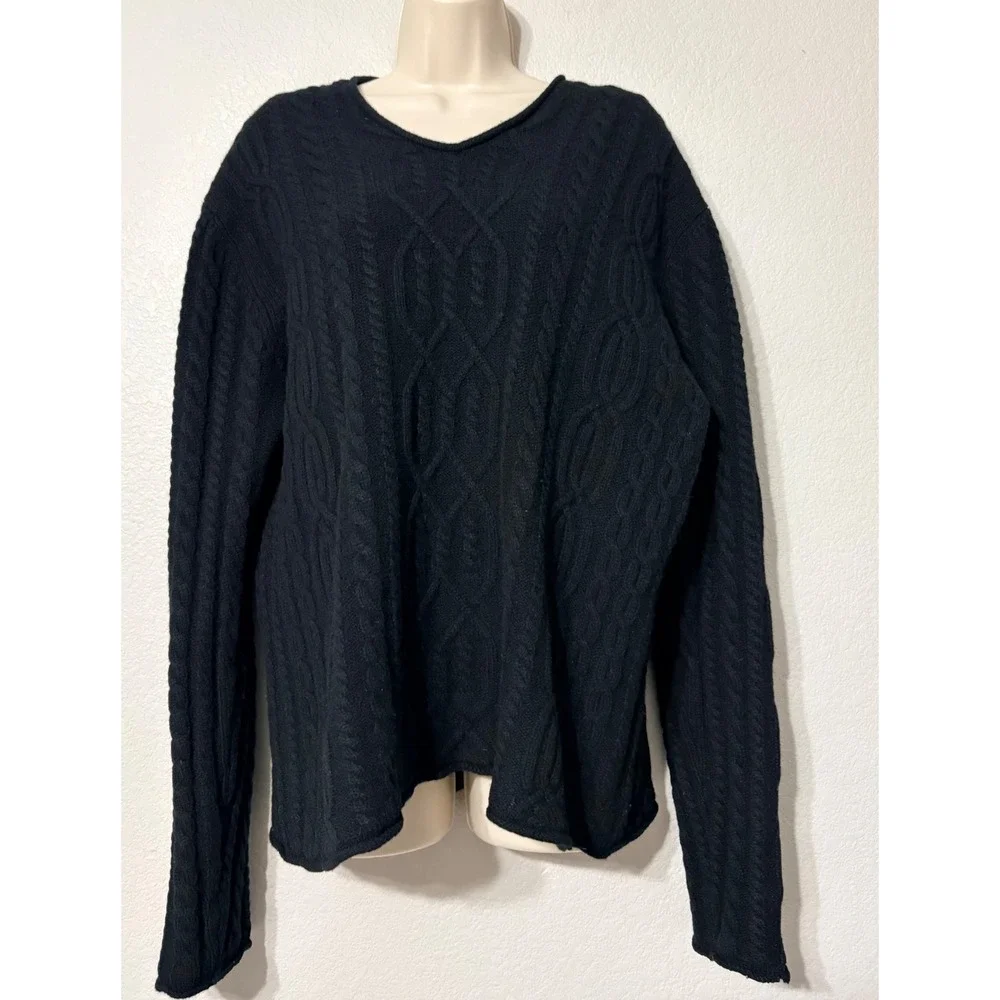 Vintage J.Crew Black 100% Lambswool Cable Knit VNeck Sweater Womens XL Hong Kong